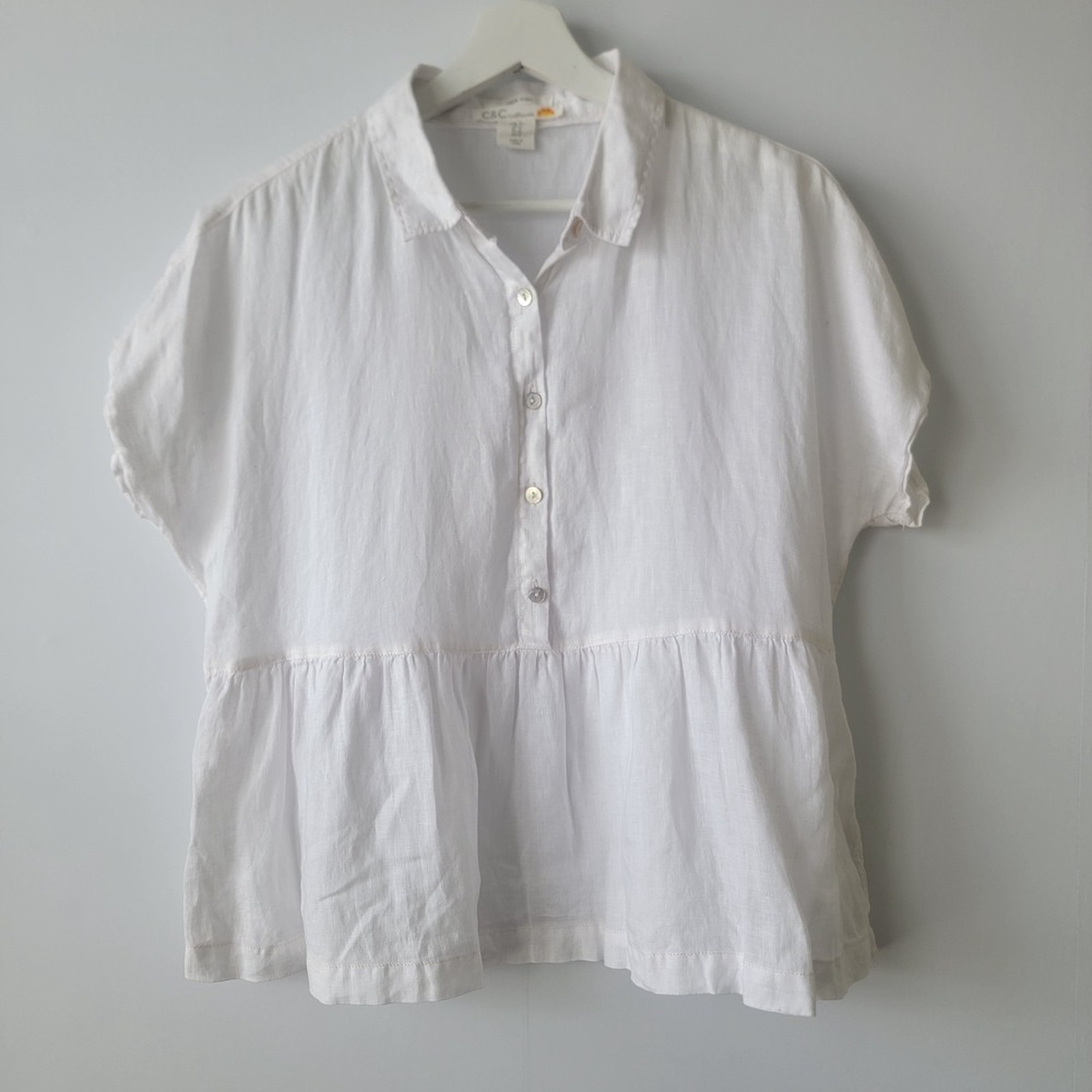 C & C california women's 100% linen peplum shirt sz M short sleeve costal beachy
